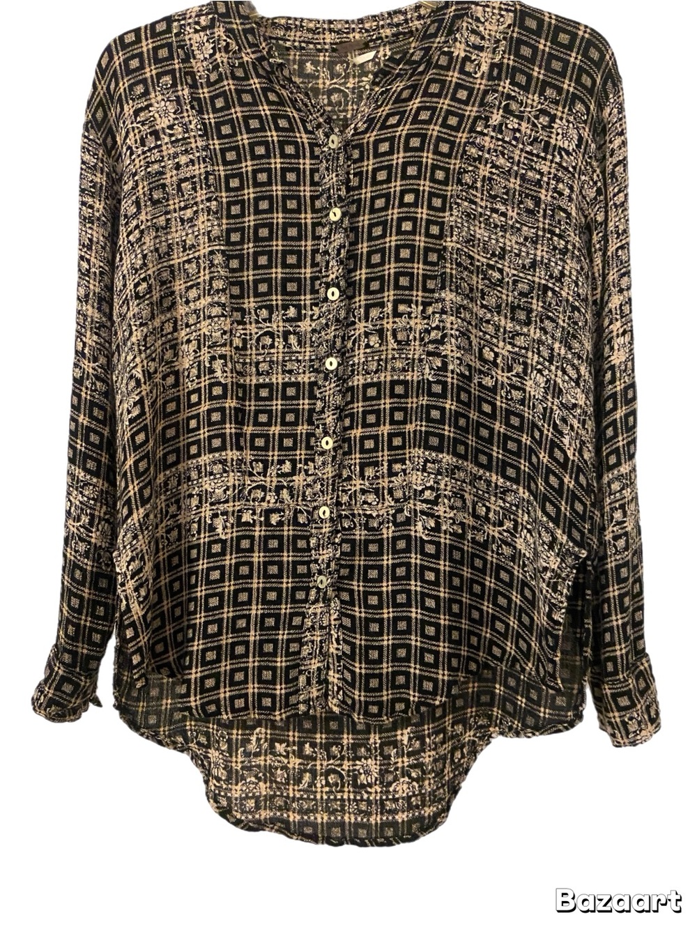 Free People Geometric Floral Print Button Down Blouse High Low Tunic